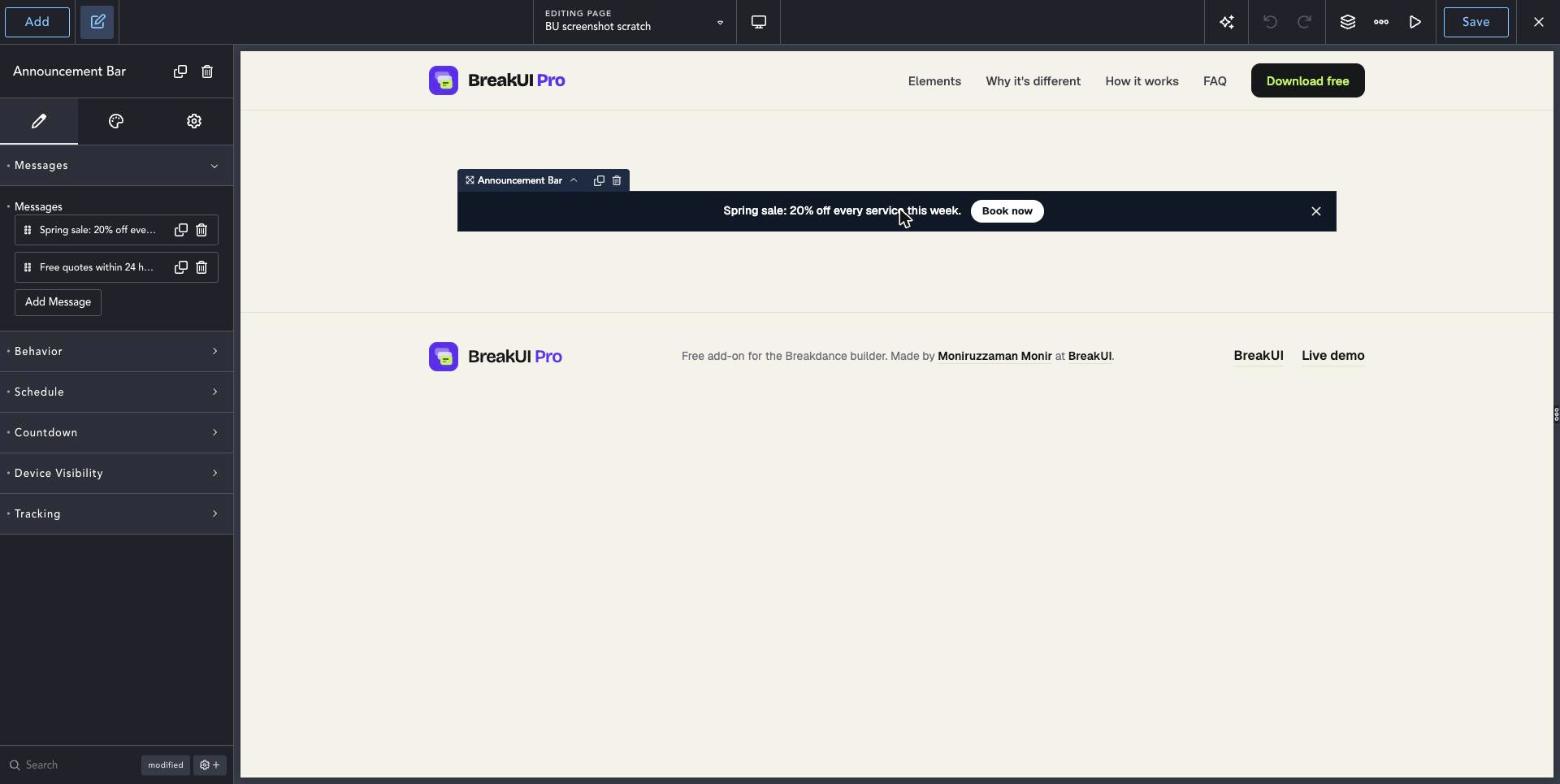 Announcement Bar element Content tab in the Breakdance editor