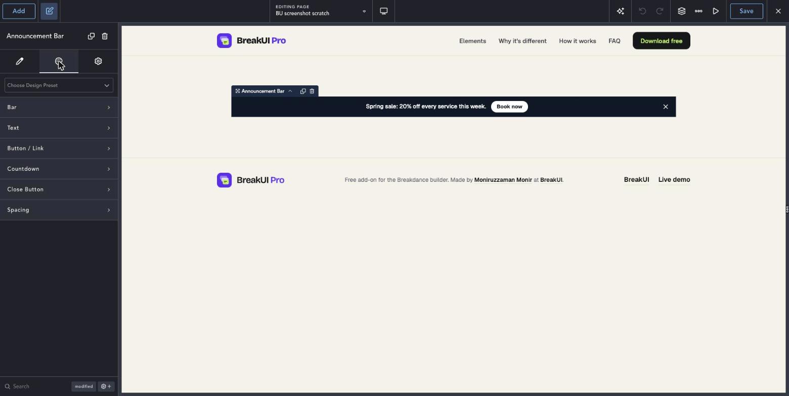 Announcement Bar element Design tab in the Breakdance editor