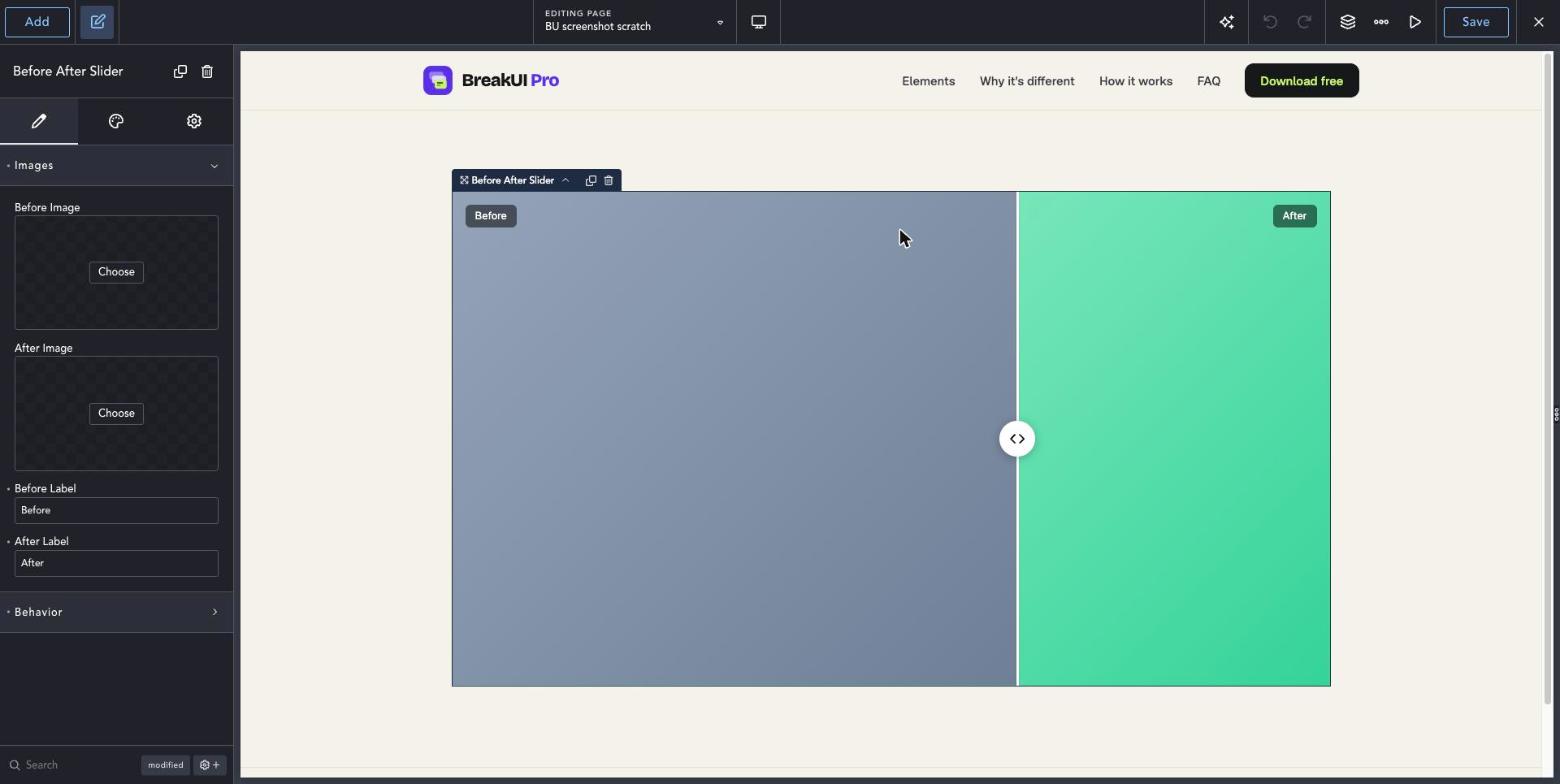 Before / After Slider element Content tab in the Breakdance editor