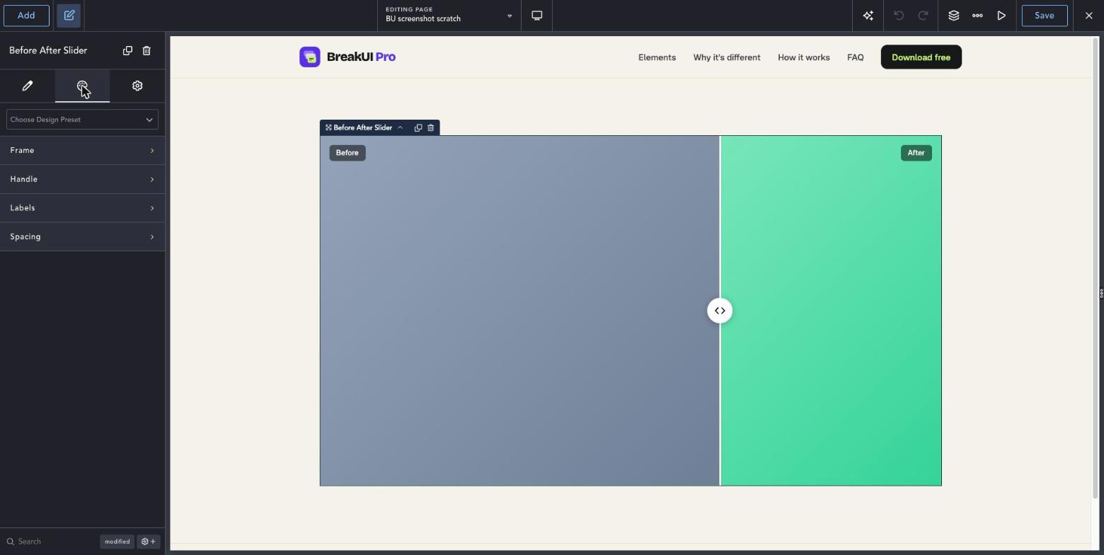 Before / After Slider element Design tab in the Breakdance editor