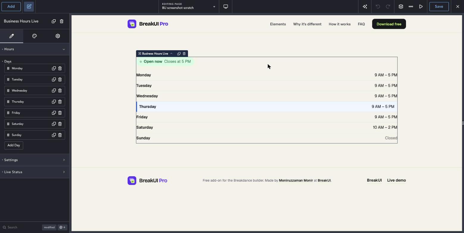 Business Hours Live element Content tab in the Breakdance editor