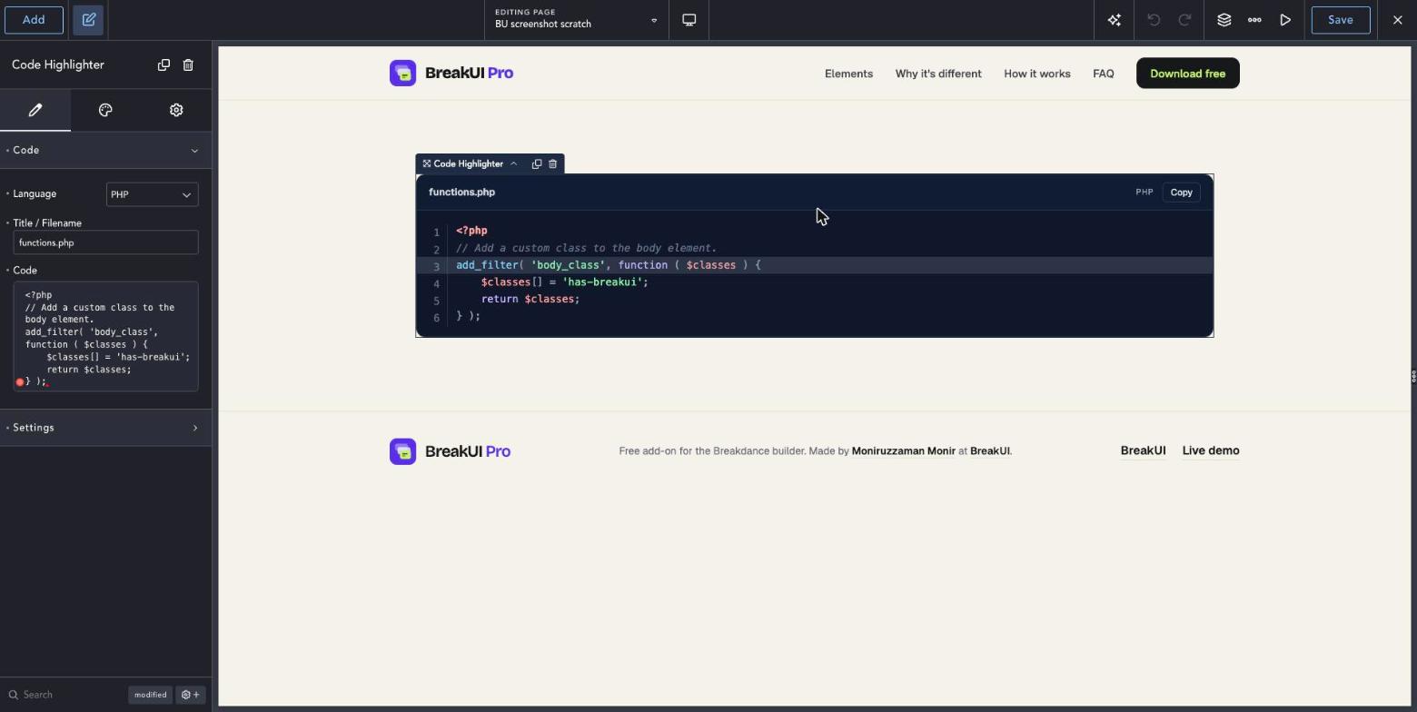 Syntax Code Highlighter element Content tab in the Breakdance editor