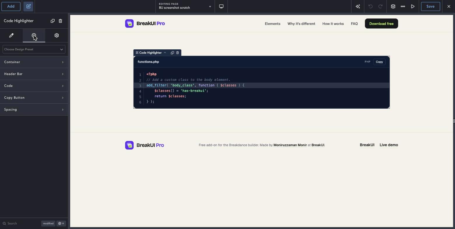 Syntax Code Highlighter element Design tab in the Breakdance editor
