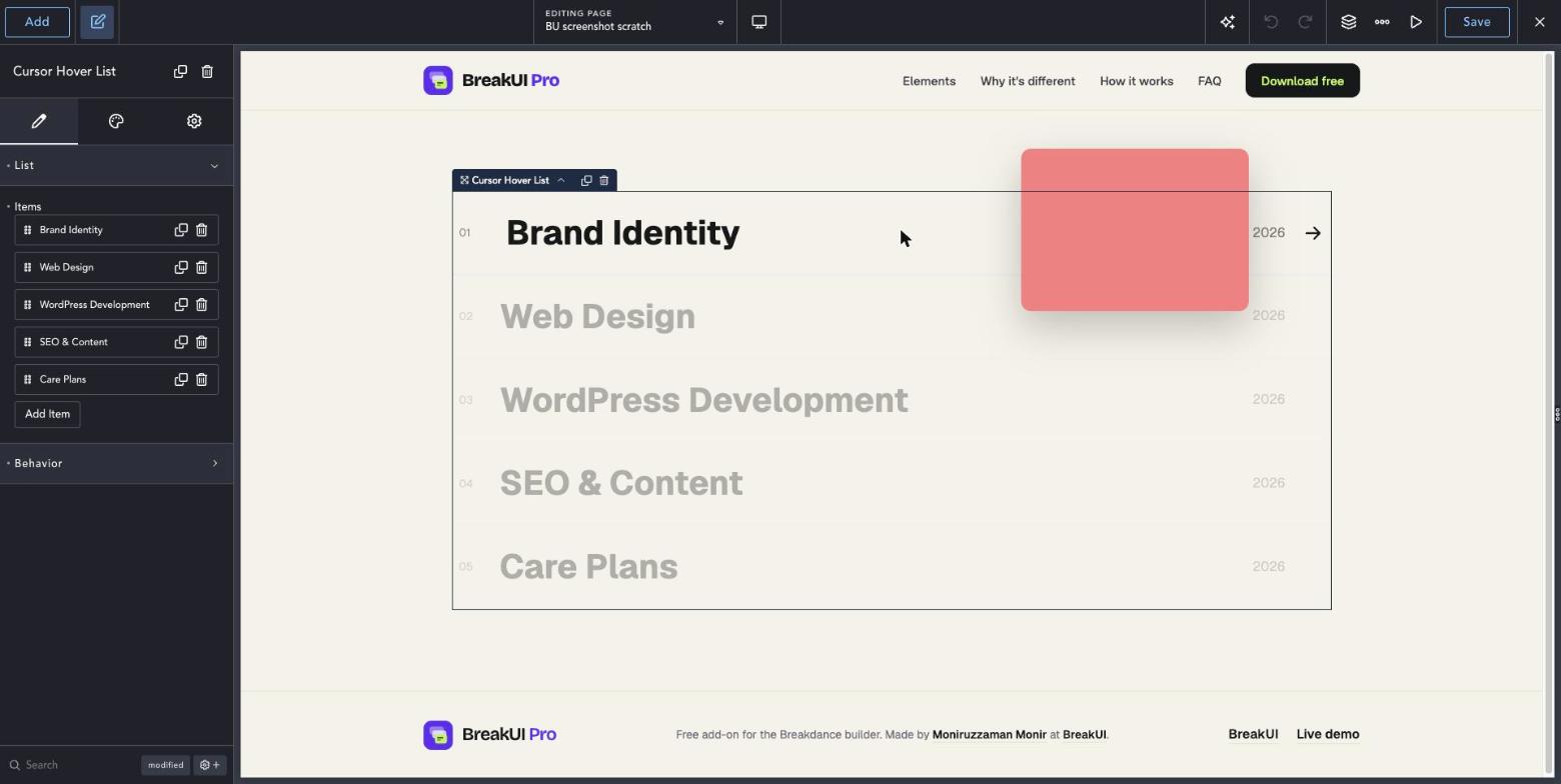 Cursor-Follow Hover List element Content tab in the Breakdance editor