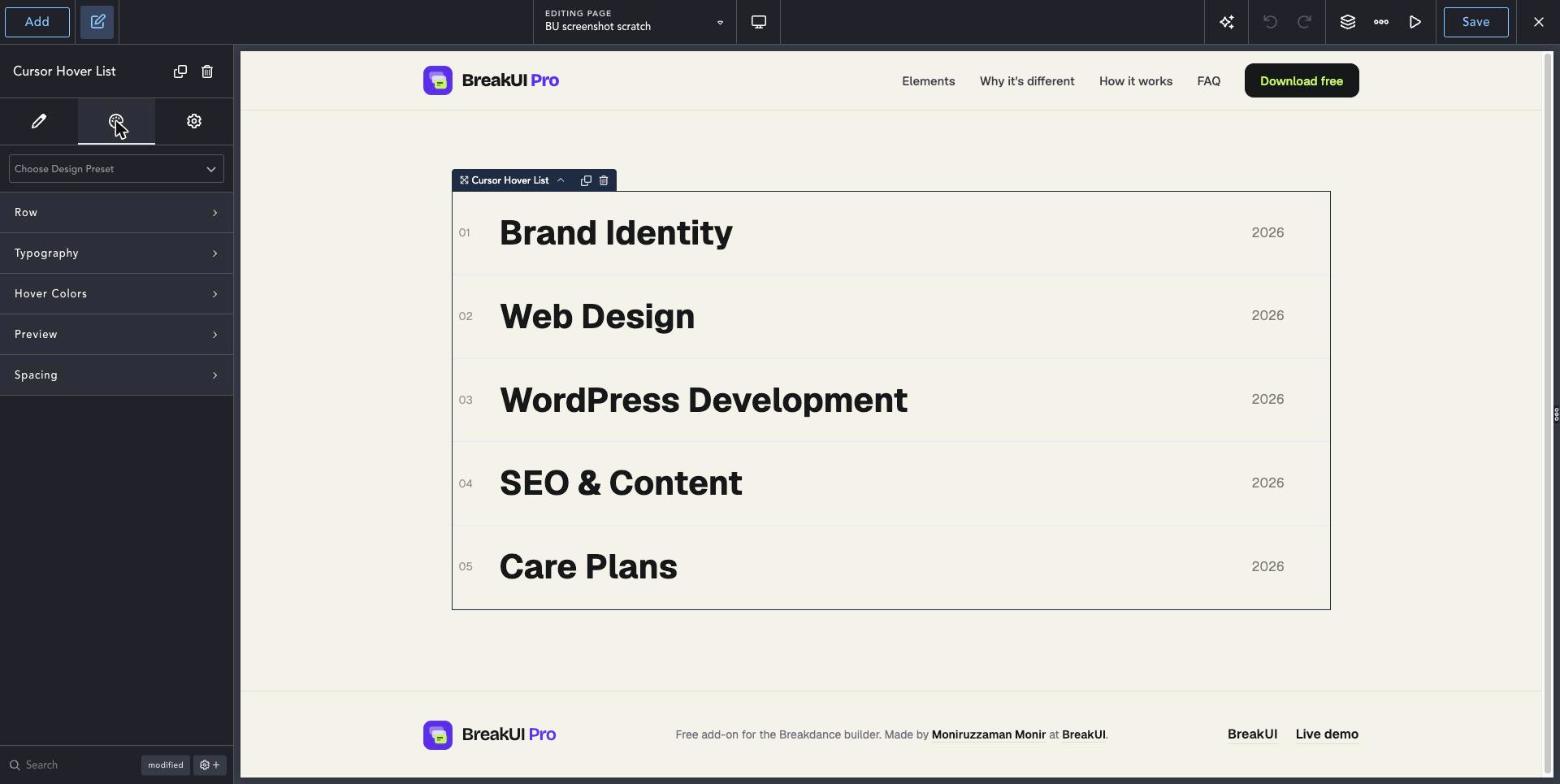 Cursor-Follow Hover List element Design tab in the Breakdance editor