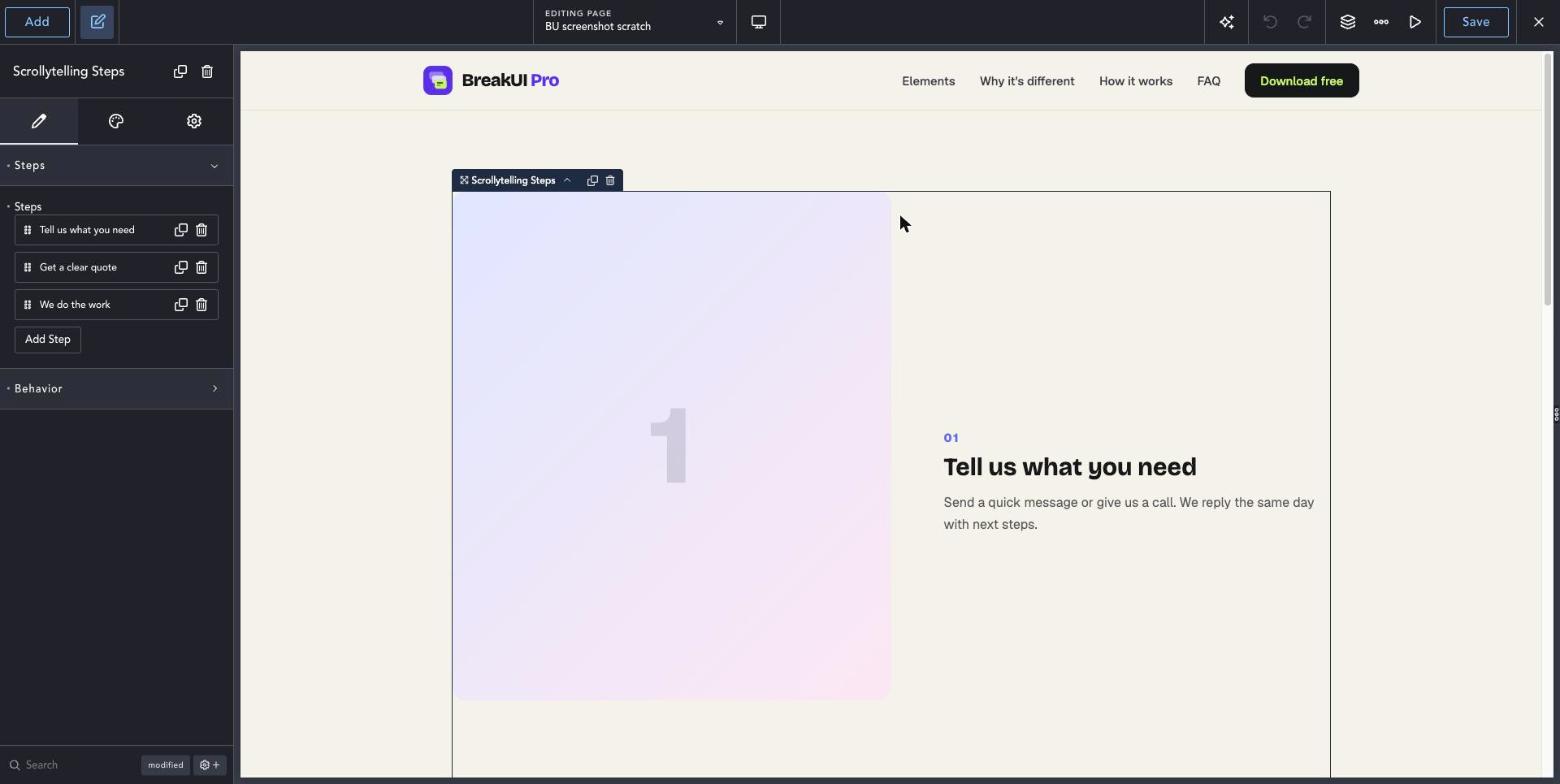 Scrollytelling Steps element Content tab in the Breakdance editor