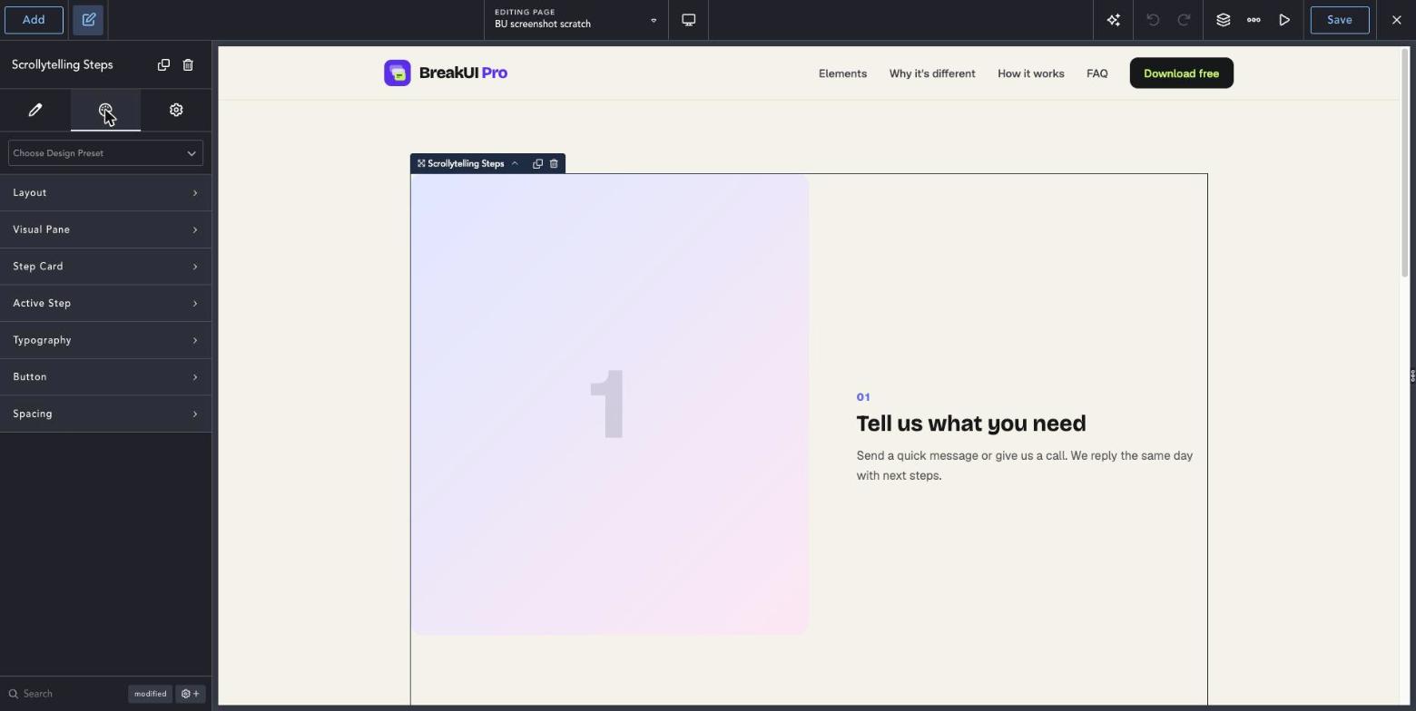 Scrollytelling Steps element Design tab in the Breakdance editor