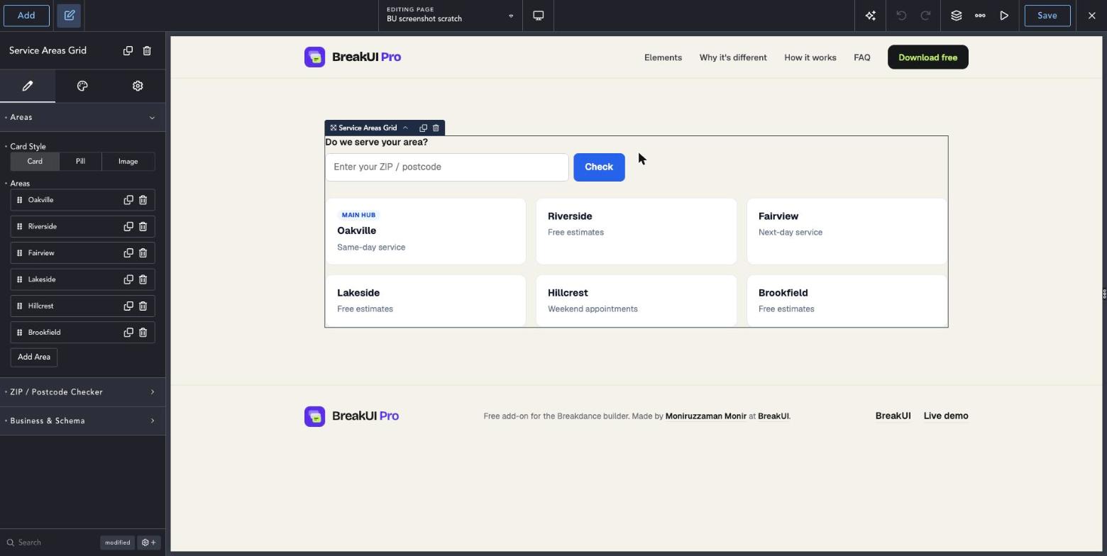 Service Areas Grid element Content tab in the Breakdance editor