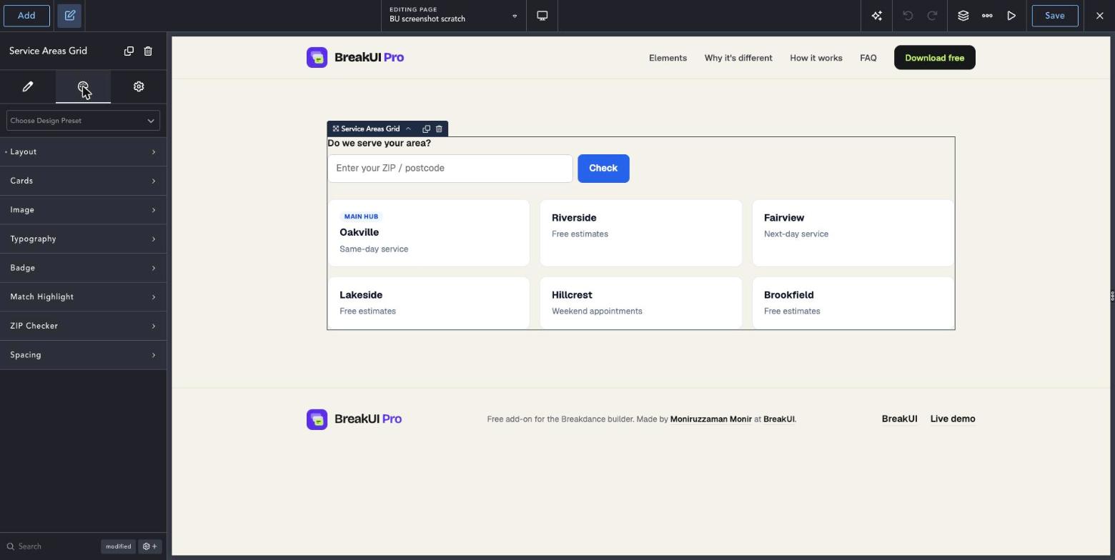 Service Areas Grid element Design tab in the Breakdance editor