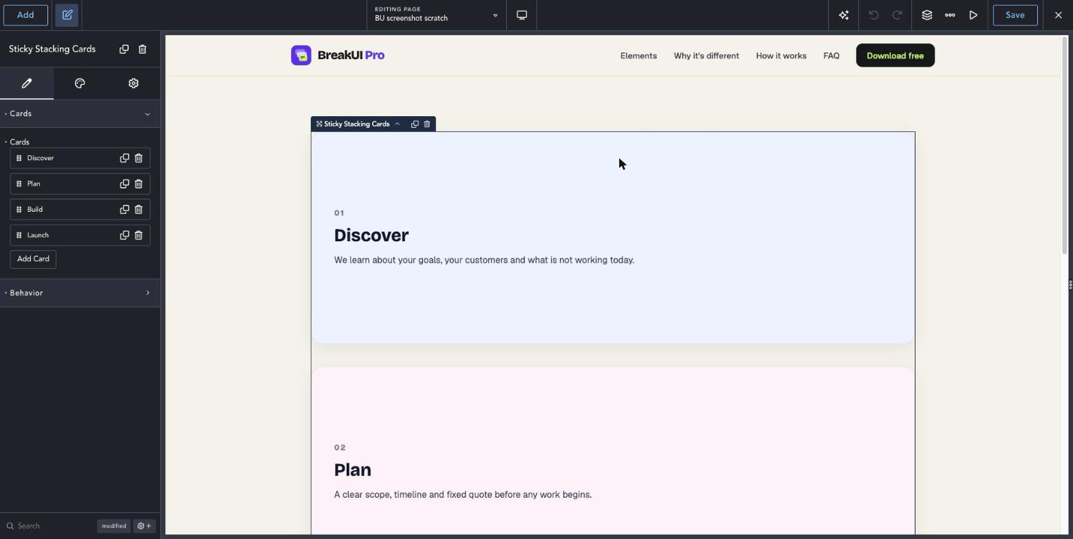 Sticky Stacking Cards element Content tab in the Breakdance editor