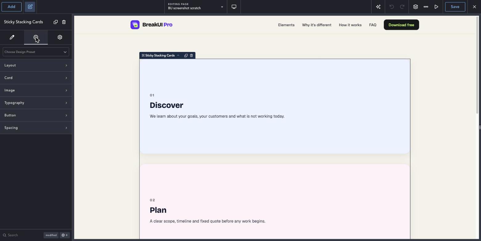Sticky Stacking Cards element Design tab in the Breakdance editor