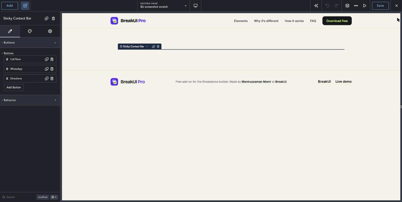 Sticky Contact Bar element Content tab in the Breakdance editor