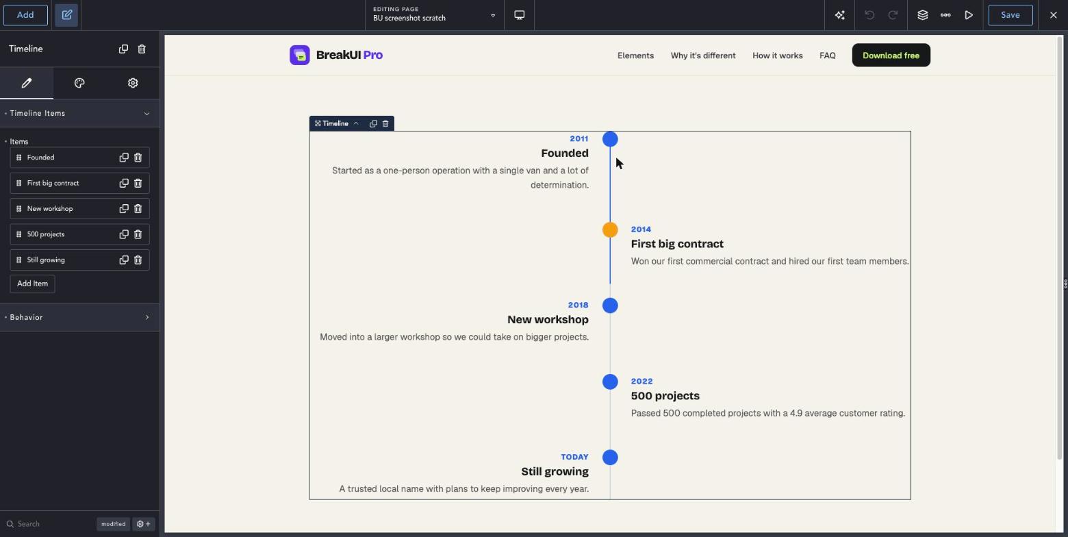 Timeline element Content tab in the Breakdance editor