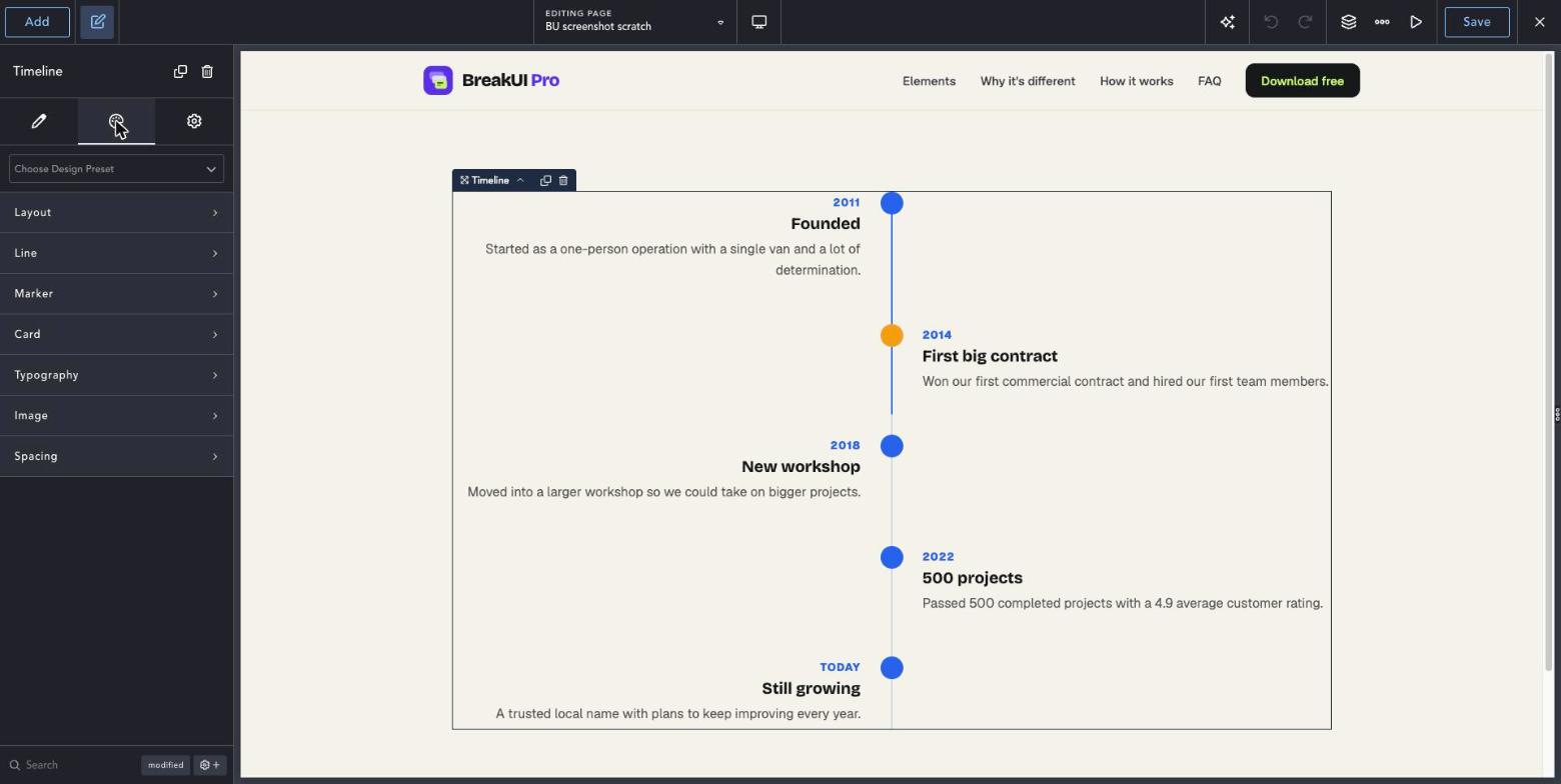 Timeline element Design tab in the Breakdance editor